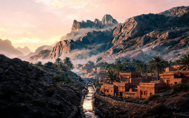 AI-generated concept image: a mud-brick village and a falaj running through a mountain valley at dawn.